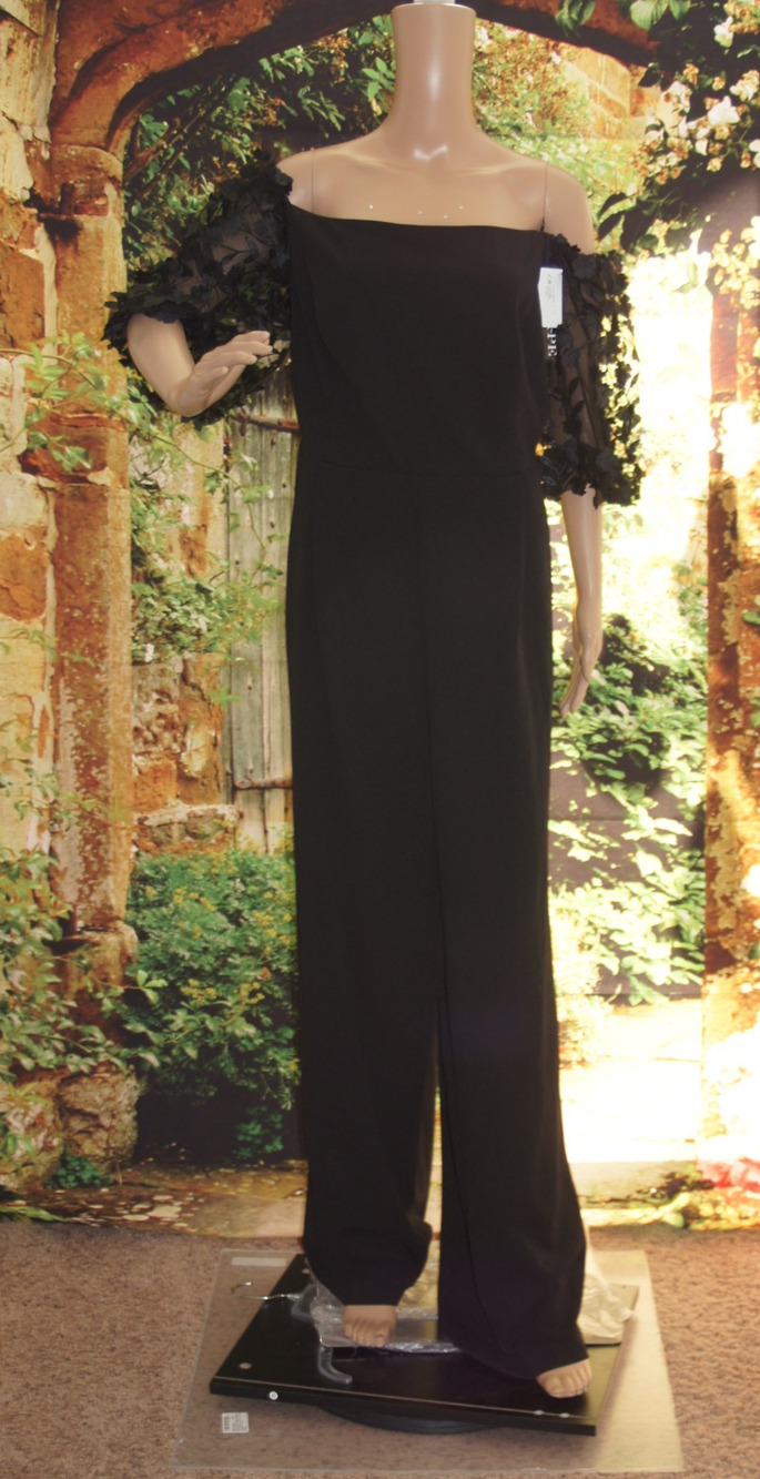 XSCAPE Women's Black Puffed-Sleeve Off-The-Shoulder Jumpsuit Plus Size 14W